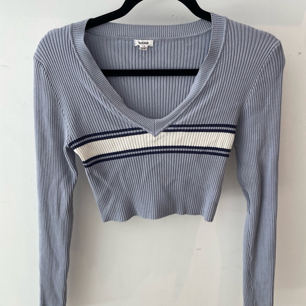 Garage Light Blue Ribbed V-Neck Crop Top
